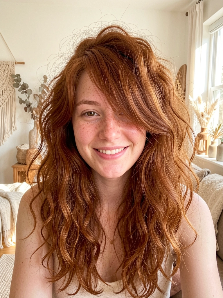 Mulher jovem com cabelo ruivo ondulado volumoso e franja lateral, sorrindo em sala iluminada por luz natural, com decoração boho e minimalista de madeira e linho.