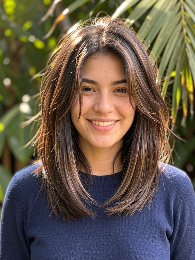 Jovem de cabelo castanho chocolate com luzes e balayage, corte longo e texturizado, sorriso genuíno, suéter azul escuro, luz natural e folhagem ao fundo.