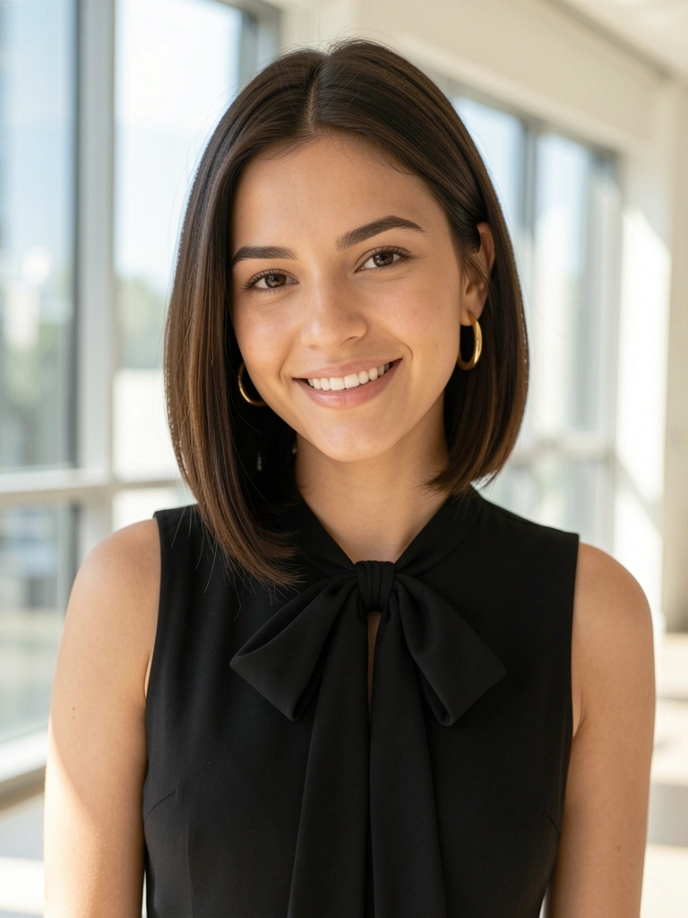 Mulher de cabelo preto em bob moderno, vestido preto com laço no decote e brincos de argola, sorrindo em sala clara com janelões e luz difusa.