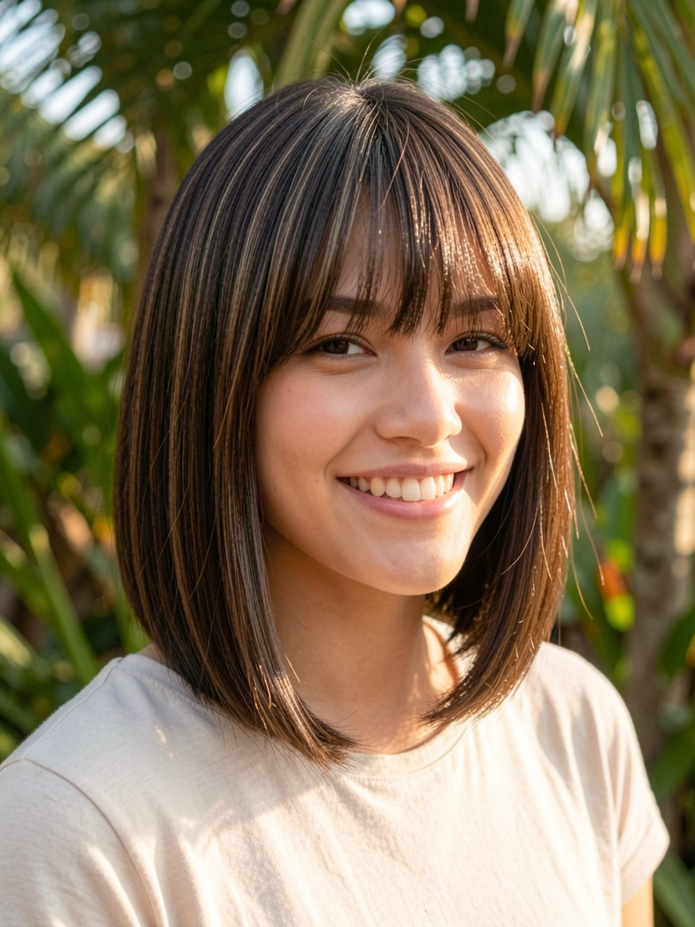 Mulher de cabelo castanho escuro liso com franja cortina e brilho, sorrindo com luz natural filtrada por folhagens ao fundo.