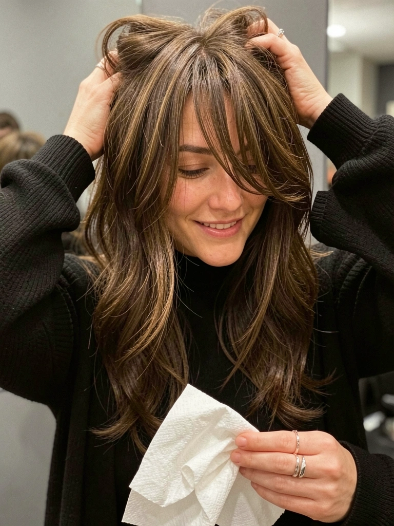 Mulher de cabelo castanho ondulado em camadas, mexe nos fios com as mãos; usa suéter preto de gola alta e cardigã; sorri sob luz suave.