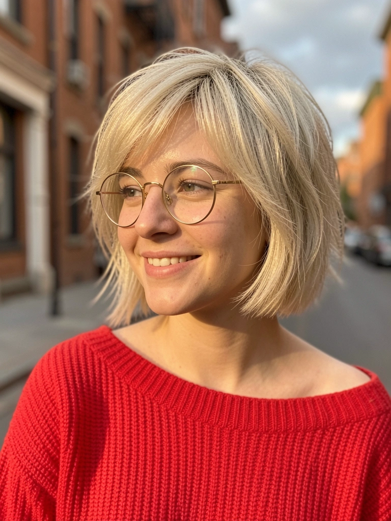 Mulher jovem com cabelo loiro texturizado e óculos redondos dourados, suéter vermelho de gola caída, luz dourada do entardecer, fundo urbano desfocado.