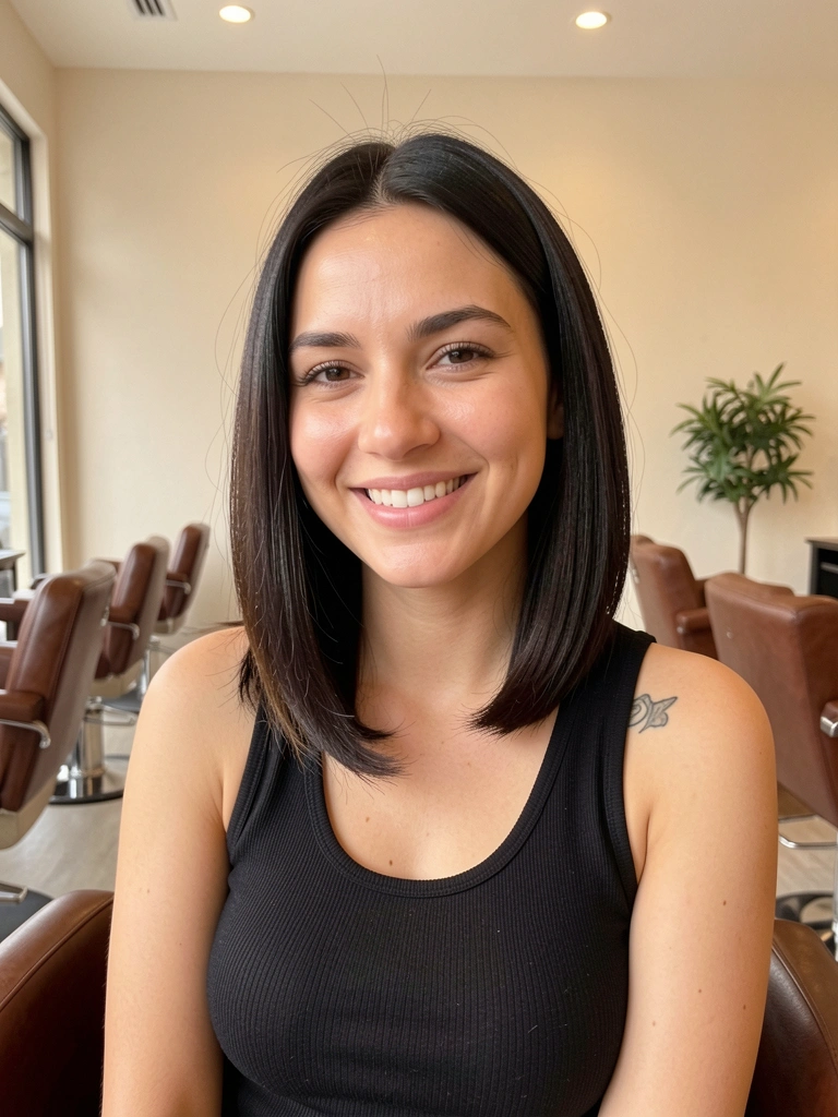 Mulher sorrindo em salão minimalista, camiseta preta, tatuagem no ombro, cabelo liso em long bob, luz natural suave e fundo desfocado.