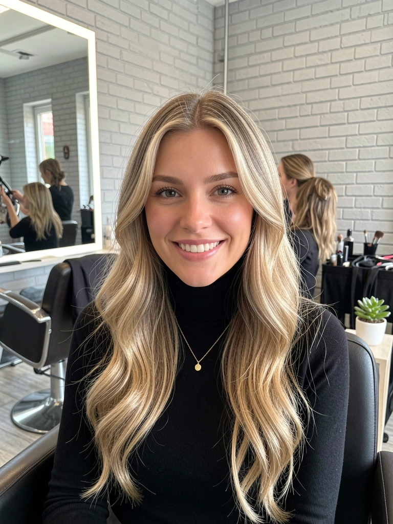 Mulher com cabelo liso e loiro, blusa preta de gola alta e colar dourado, sentada em cadeira de salão, sorrindo para a câmera com espelho ao fundo e parede de tijolos claros.