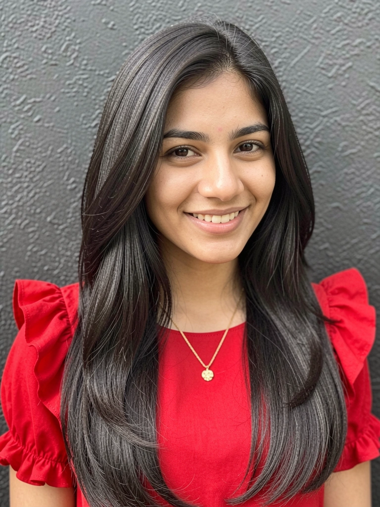 Mulher de cabelo liso longo e camada com blusa vermelha de babados, colar dourado e sorriso genuíno em fundo de parede texturizada escura com luz suave.