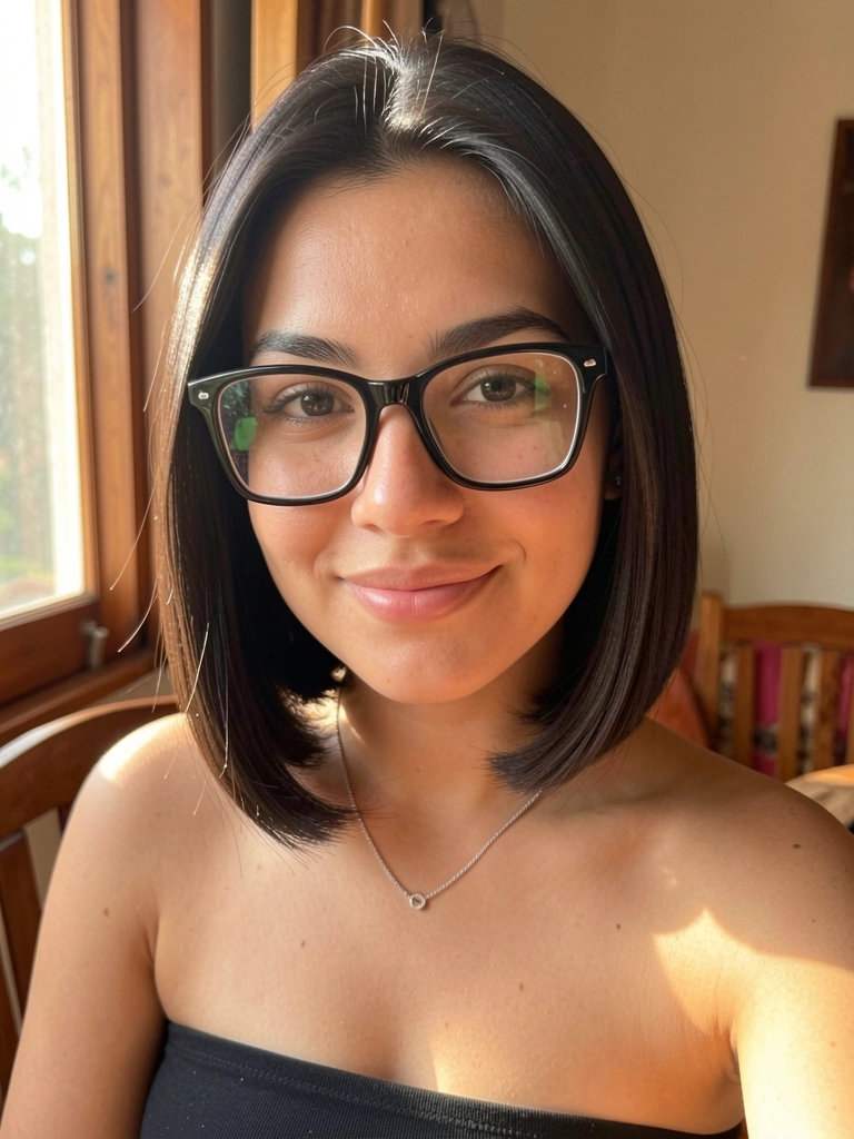 Jovem de cabelo preto liso em corte médio, óculos de aro preto e colar prateado, sorriso sutil com luz natural de janela.