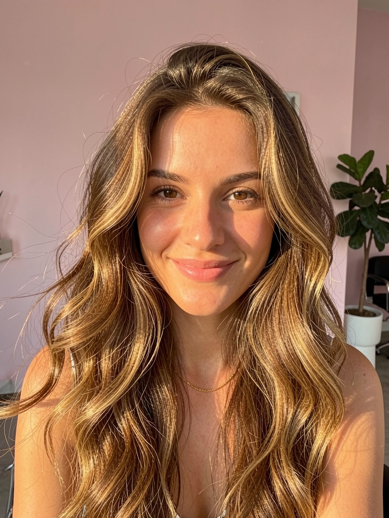 Mulher de cabelos castanhos ondulados com reflexos dourados, sorriso genuíno, colar delicado, luz natural suave, parede rosa claro e vaso de planta ao fundo.