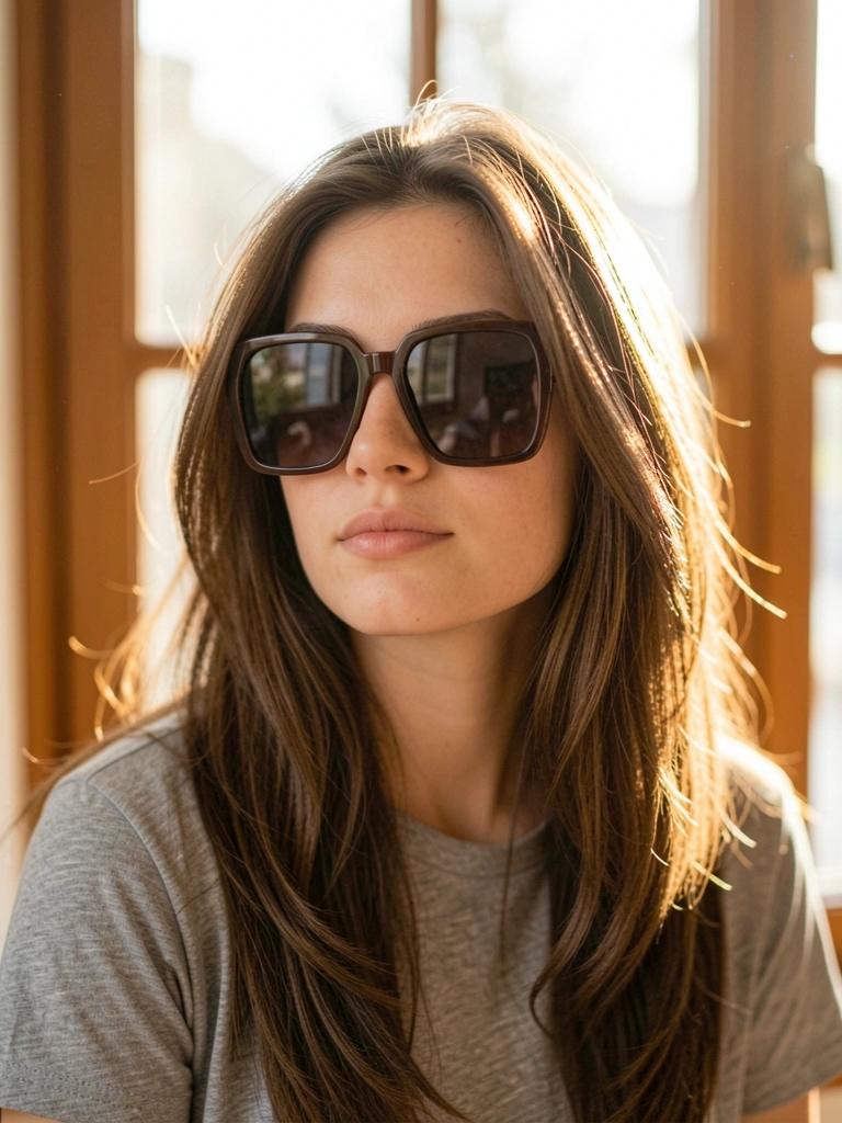 Mulher de cabelo castanho em camadas e óculos quadrados grandes, camiseta cinza, olhando levemente para o lado, luz suave de janela ao fundo