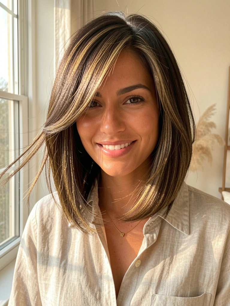 Mulher de cabelo castanho escuro liso e franja lateral, sorrindo, camisa de linho clara, luz natural entrando por janela.