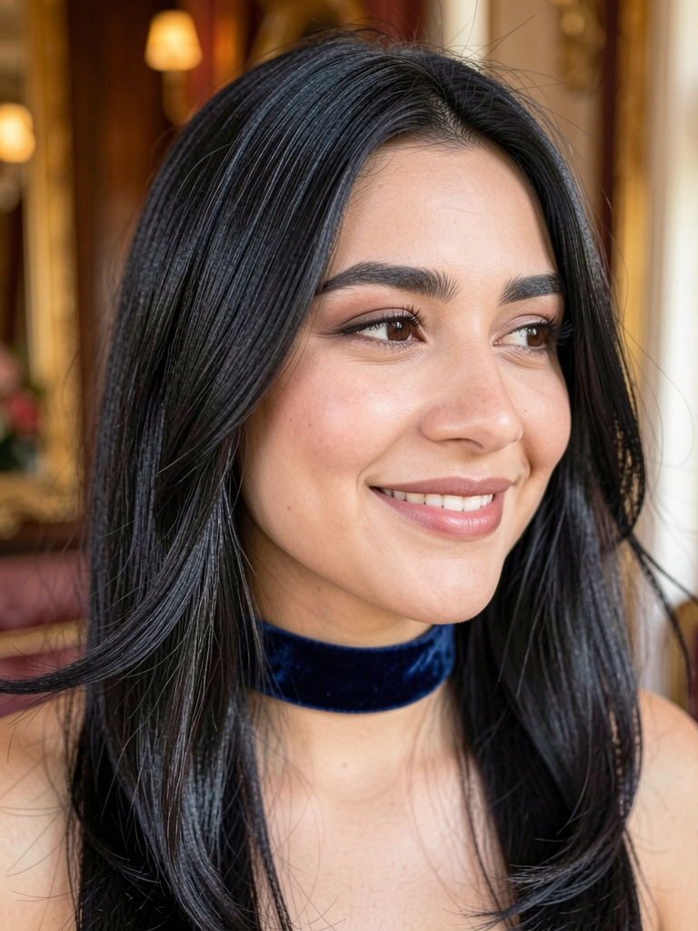 Jovem com cabelo escuro liso e choker de veludo azul, sorrindo com luz natural difusa e fundo desfocado com tons quentes.