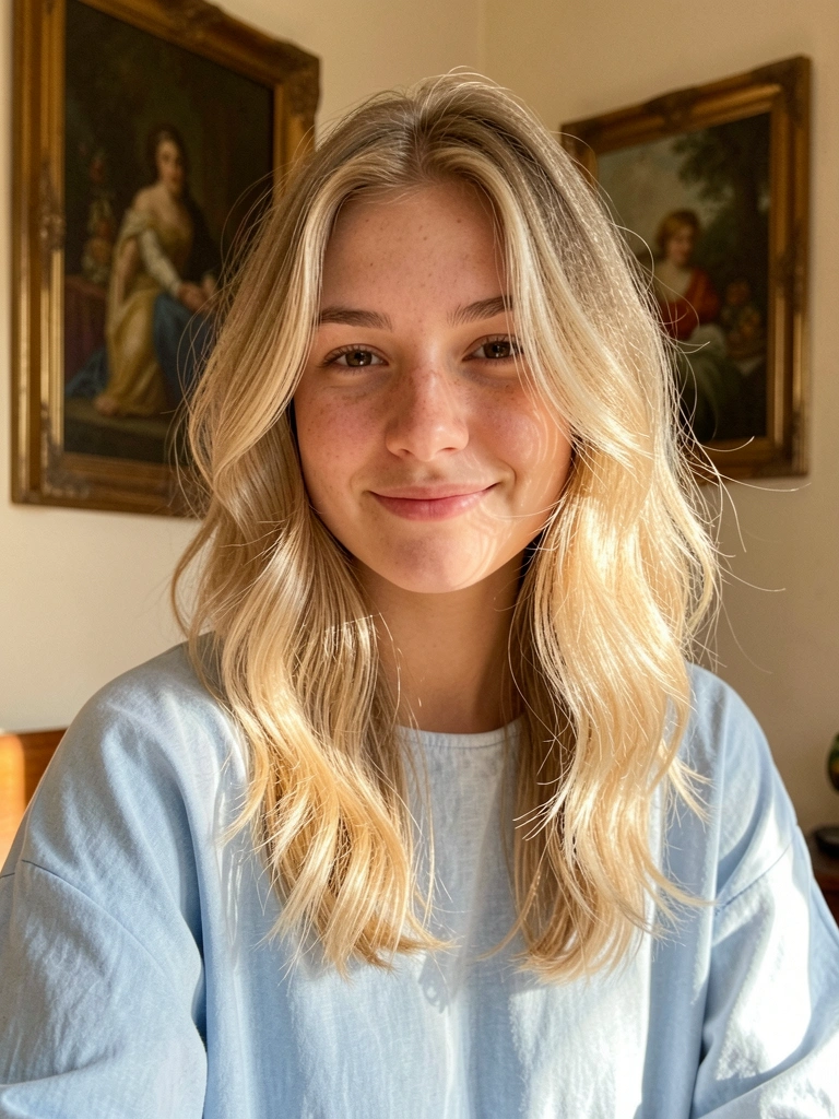 Jovem de cabelo loiro ondulado médio, blusa azul clara, luz natural entrando por janela, quadro vintage na parede.