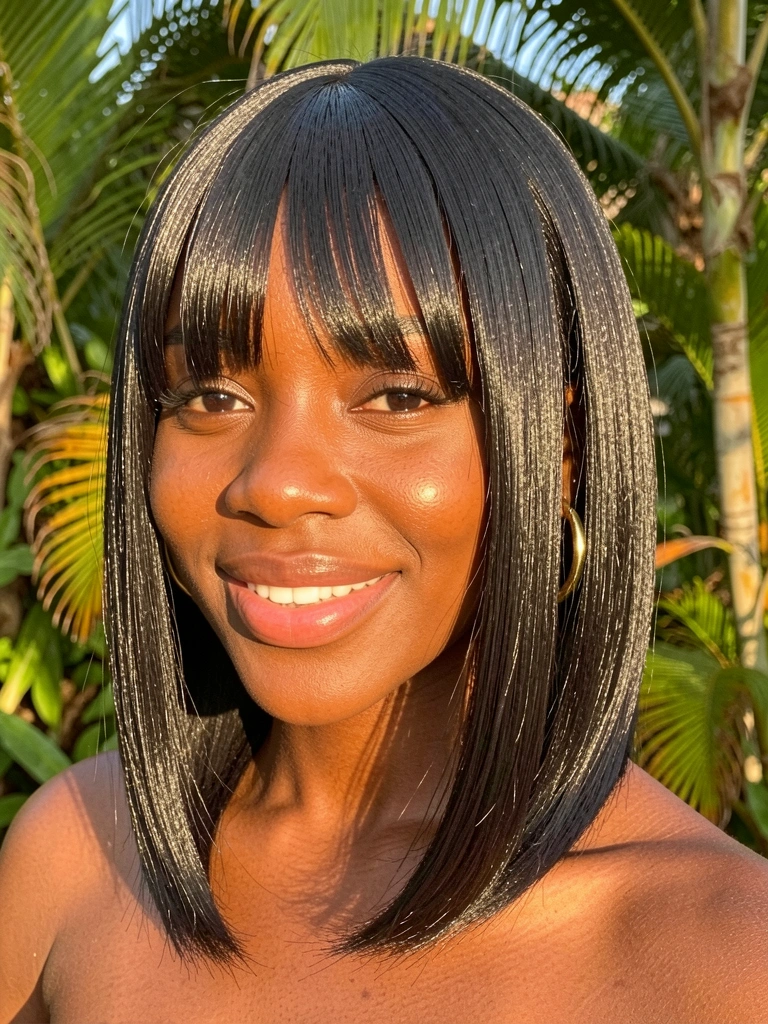 Jovem negra com cabelo preto liso e franja reta, brincos argola dourados, sorriso natural, luz solar suave e fundo com folhagem verde.
