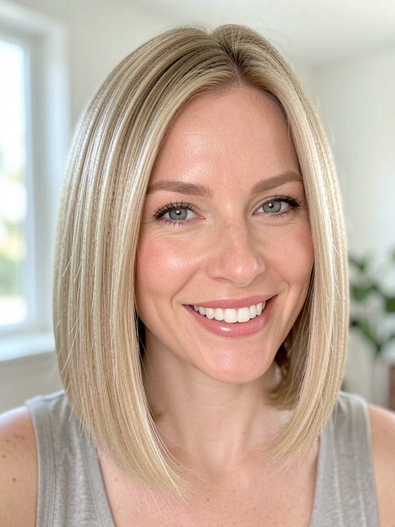 Mulher de cabelo loiro médio alisado, pele radiante e sorriso natural, fundo desfocado com luz suave.