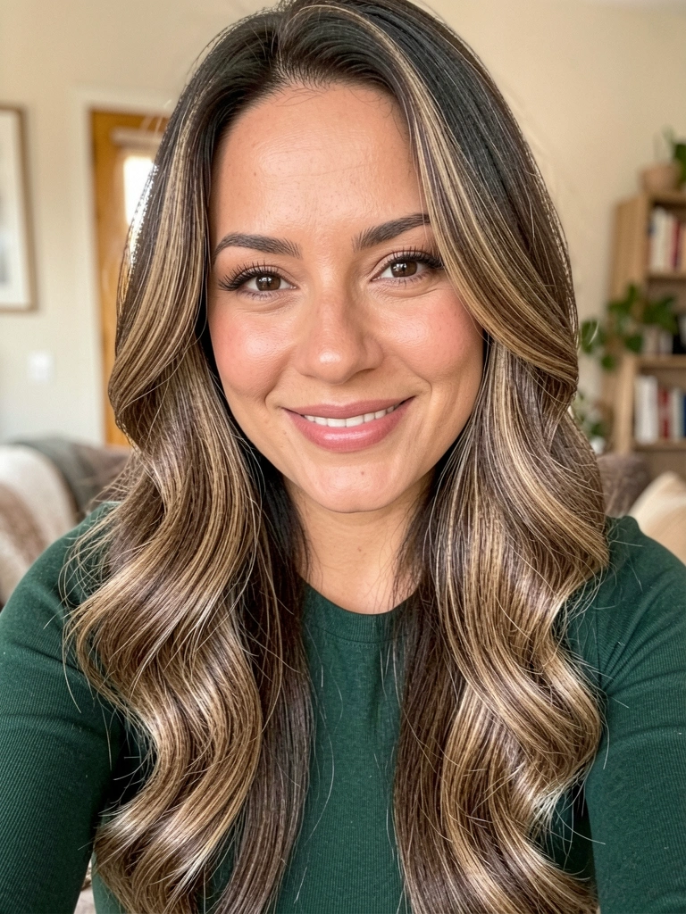 Close-up de mulher com cabelo castanho claro ondulado, pele natural e sorriso genuíno, iluminação suave e fundo desfocado.