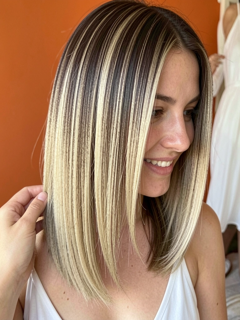Balayage loiro escuro em cabelo corte em V, mão toca os fios, fundo parede laranja com luz natural.