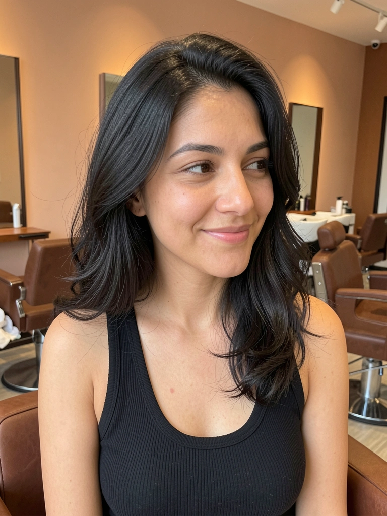 Mulher de cabelo escuro e sorriso sutil, top preto, luz suave difusa, cadeiras de salão ao fundo em ambiente minimalista.