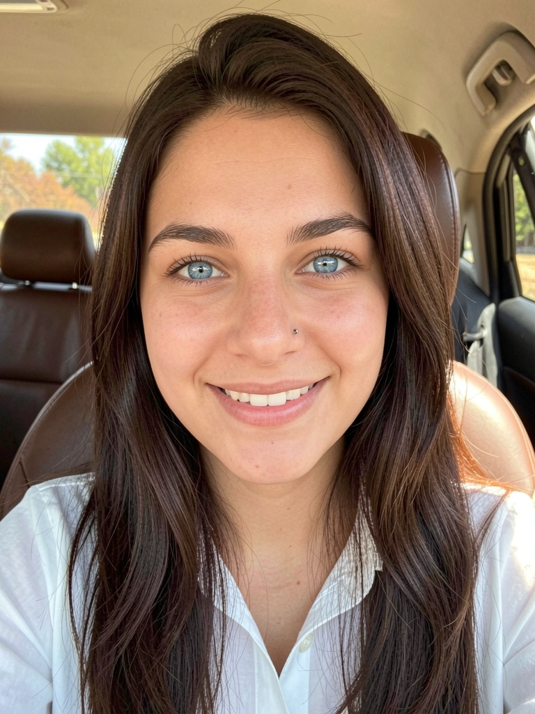 Mulher de cabelo castanho escuro e olhos azuis, sorriso natural, camisa branca, piercing no nariz, luz suave e fundo desfocado de carro.