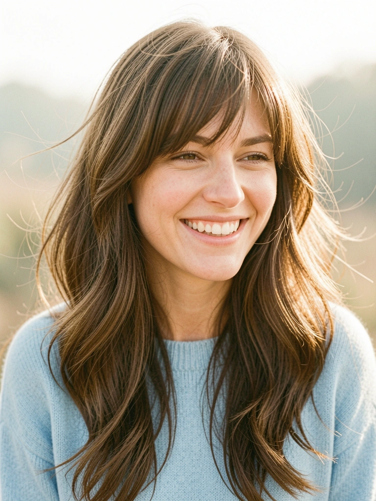 Mulher com cabelos castanhos e ondas soltas, usando suéter azul-claro, sorrindo sob luz natural difusa.