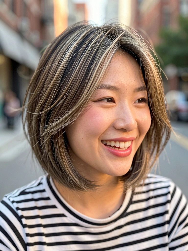 Mulher asiática com cabelo curto texturizado, camisa listrada, sorriso genuíno, fundo urbano desfocado e luz natural.