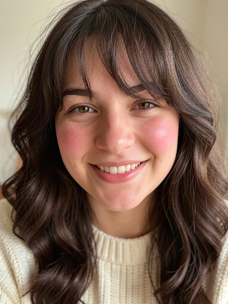 Jovem com franja leve e cabelos castanhos ondulados, sorriso genuíno, suéter creme e luz natural difusa.