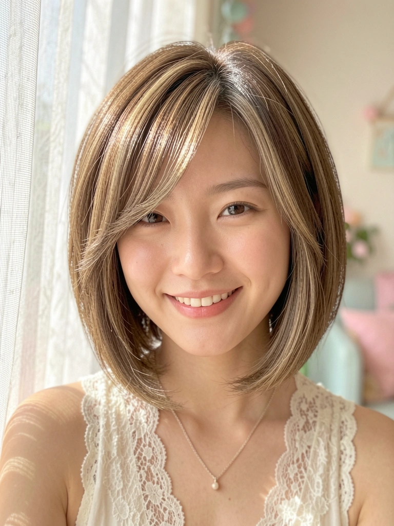 Jovem japonesa com corte bob em camadas, franja assimétrica e sorriso genuíno, luz difusa e fundo pastel desfocado.
