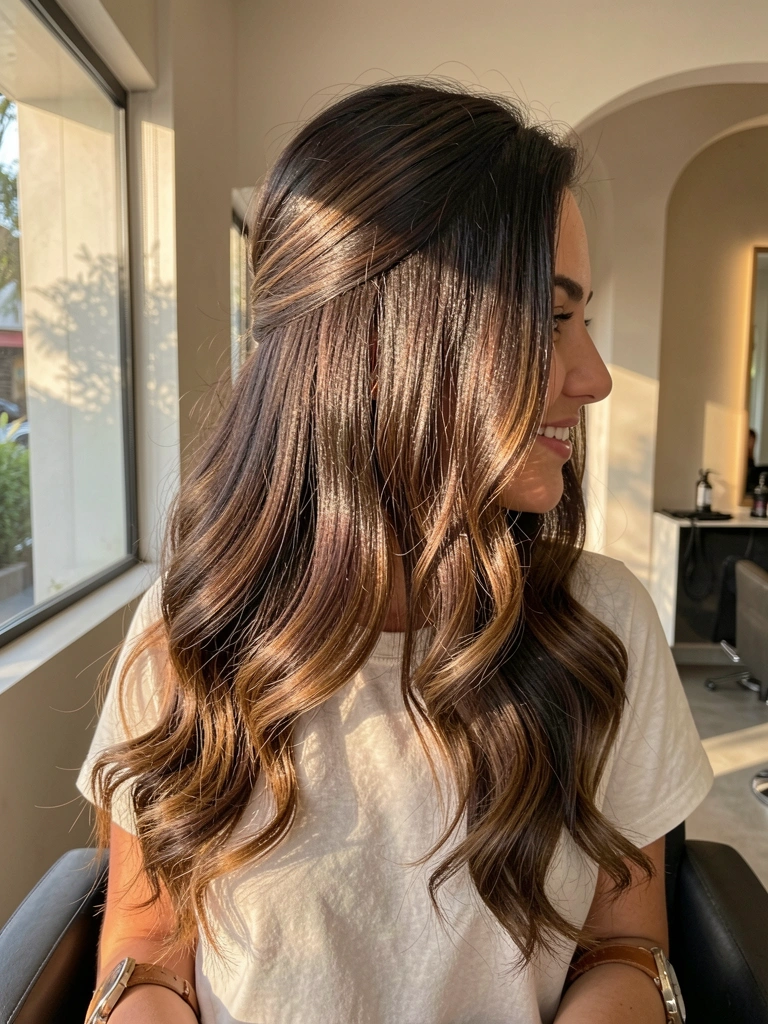 Jovem com cabelos castanhos escuros em ondas volumosas, balayage sutil, camiseta clara, sorriso natural, fundo de salão neutro iluminado por luz natural.