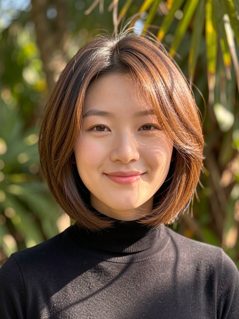 Jovem chinesa de cabelo castanho com corte chanfrado e blusa preta de gola alta, luz natural suave filtrada por folhas ao fundo.