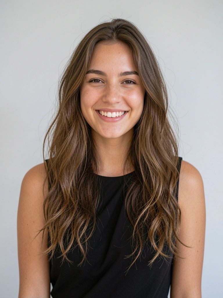 Mulher com cabelos castanhos ondulados e pontas desfiadas, sorrindo, vestido preto sem mangas, fundo cinza claro e iluminação natural suave.