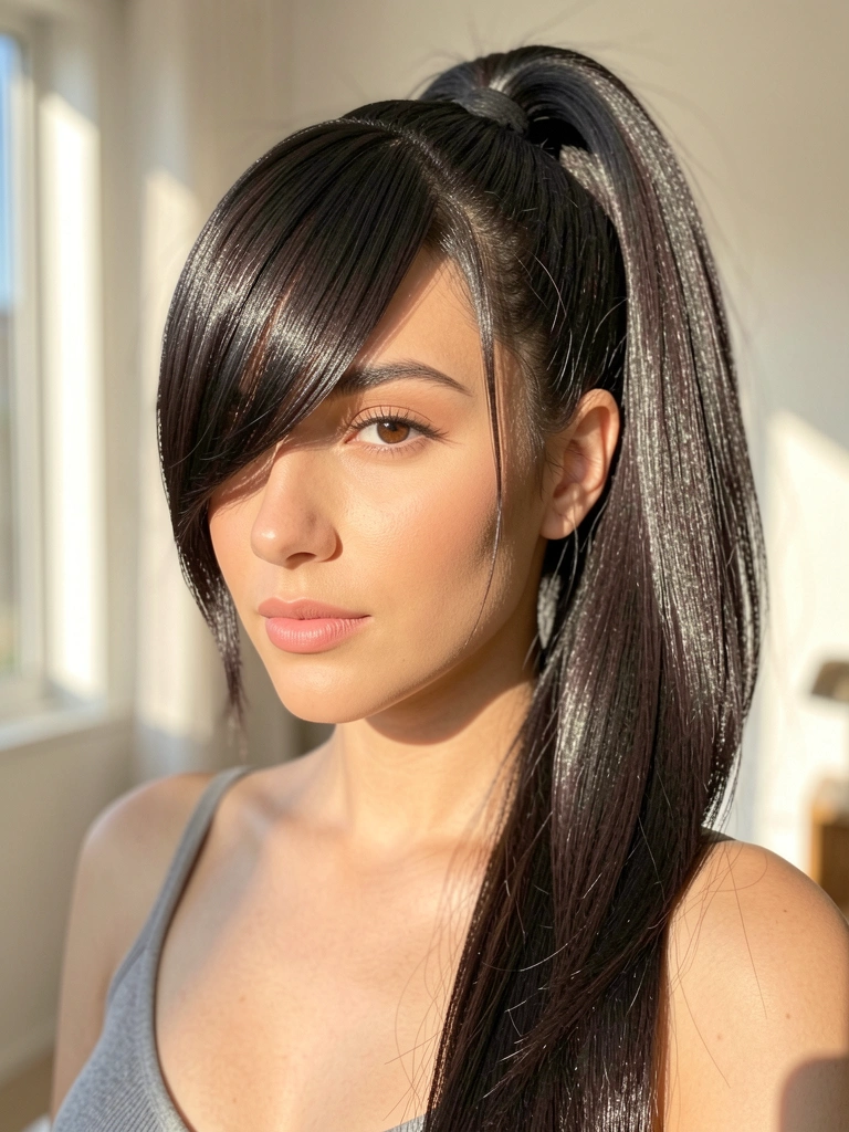 Jovem com cabelo preto volumoso em rabo de cavalo alto e franja lateral, maquiagem leve e luz natural entrando pela janela.