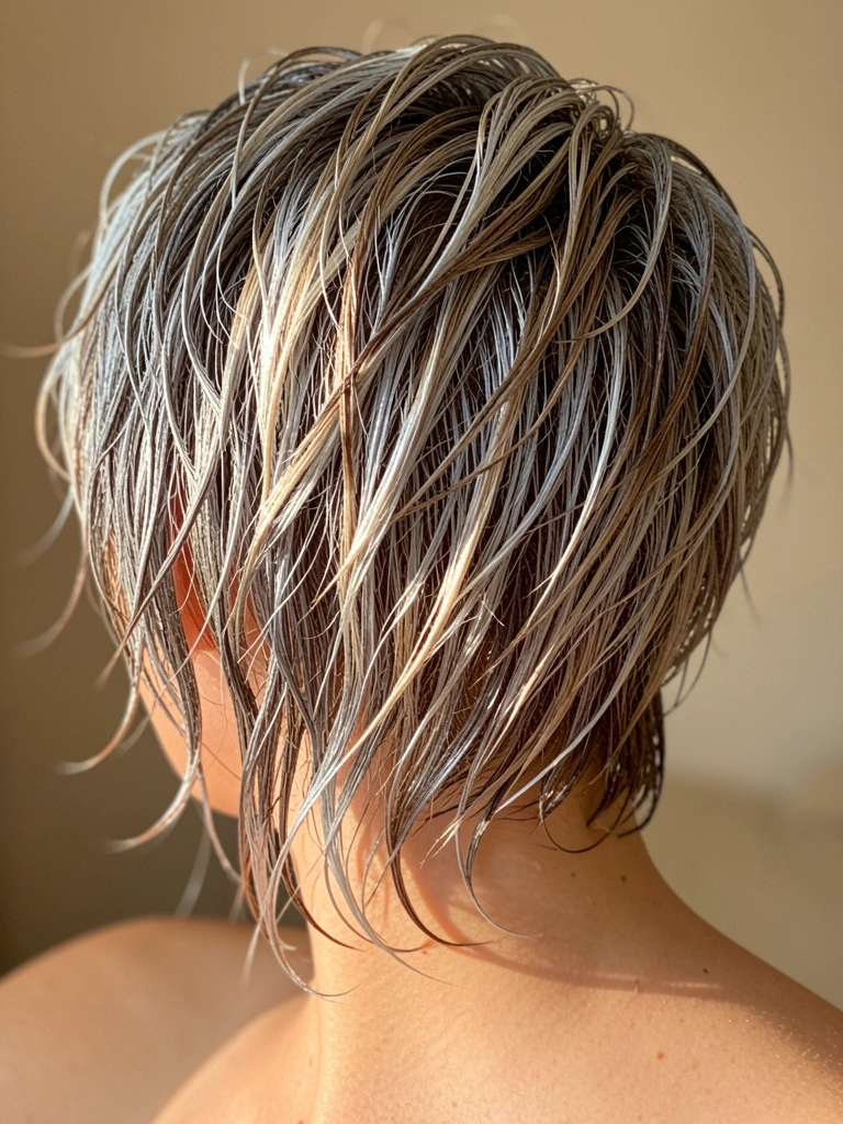Mulher com pixie cut em tons de cinza e marrom, cabelo levemente molhado com volume natural, luz difusa quente e fundo bege desfocado.