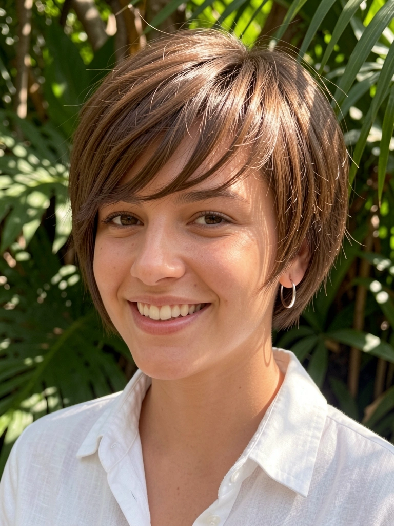Jovem com cabelo curto repicado e nuca raspada, camisa branca de linho, brincos de argola prateados, luz natural filtrada por folhagem verde ao fundo.