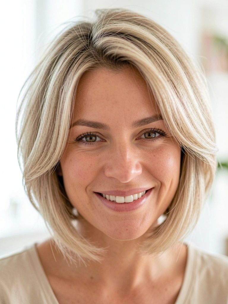 Close-up de mulher com cabelo curto loiro em camadas, bob volumoso e levemente bagunçado, sorriso natural sob luz difusa.