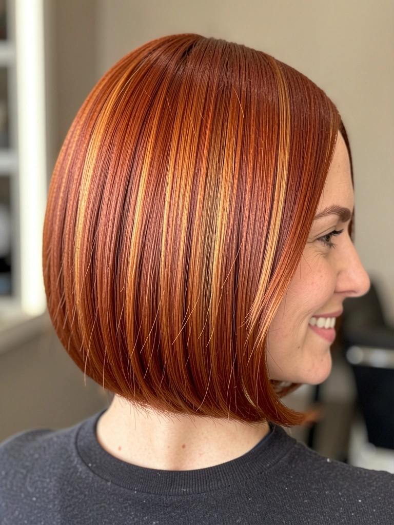 Mulher de cabelo ruivo com corte chanela curto e simétrico, fundo neutro desfocado e luz natural suave.
