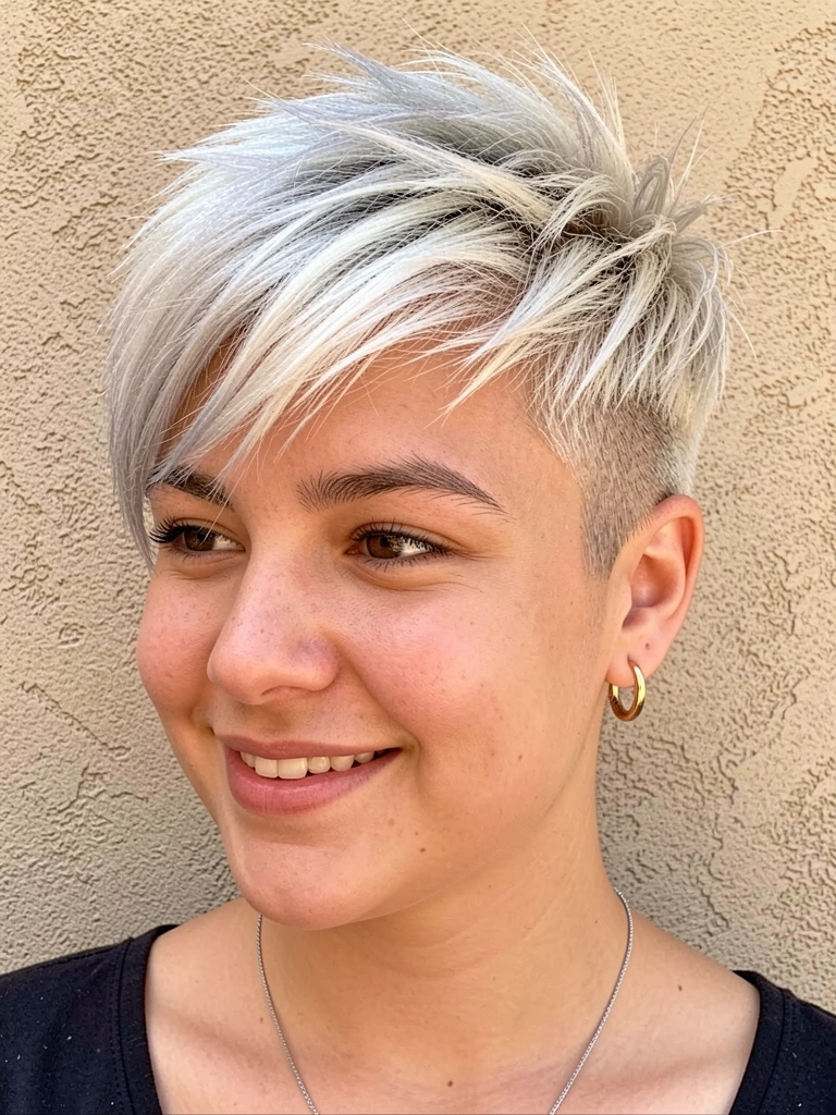 Mulher com corte pixie curto platinado e cinza, brincos de argola dourados e luz natural suave sobre parede bege texturizada.