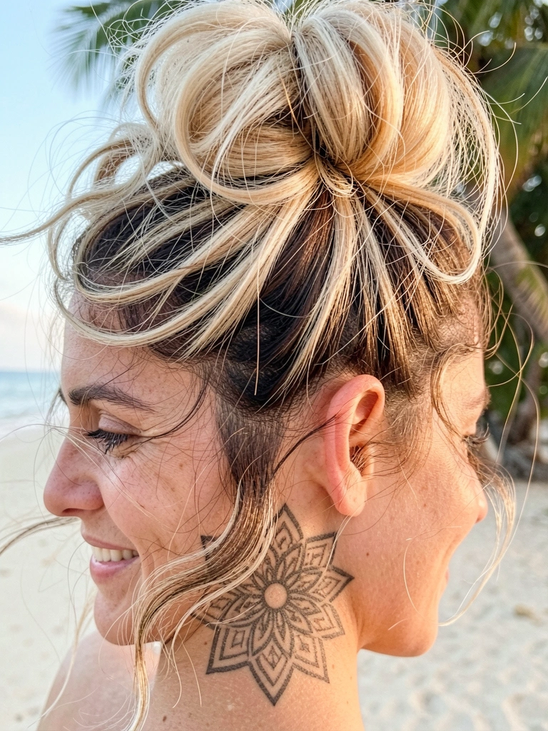 Mulher com coque loiro bagunçado e padrão geométrico raspado na nuca, sorriso natural sob luz difusa.