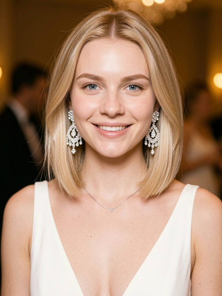 Jovem de cabelo loiro chanel com brincos de chandon cintilantes e sorriso genuíno, luz quente e fundo desfocado de evento elegante.