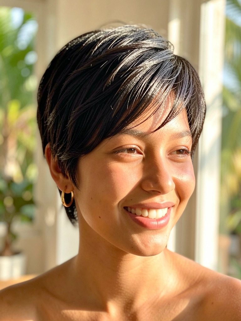 Mulher de cabelo curto repicado e ondulado, brincos de argola dourados, sorrindo com luz natural suave ao fundo.