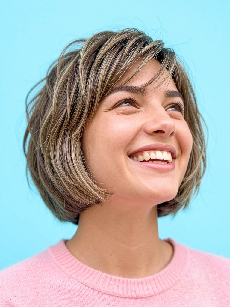 Jovem com bob texturizado curto, sorriso genuíno e suéter rosa, luz natural suave contra fundo azul claro vibrante.
