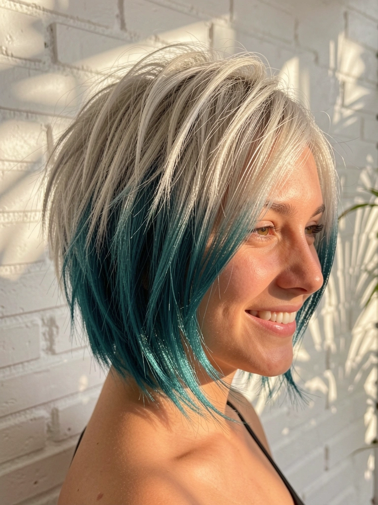 Mulher com pixie cut assimétrico, cabelo de loiro acinzentado no topo a azul-petróleo na nuca, texturizado e levemente bagunçado, parede de tijolos brancos iluminada por luz natural difusa, sorriso espontâneo e caloroso.