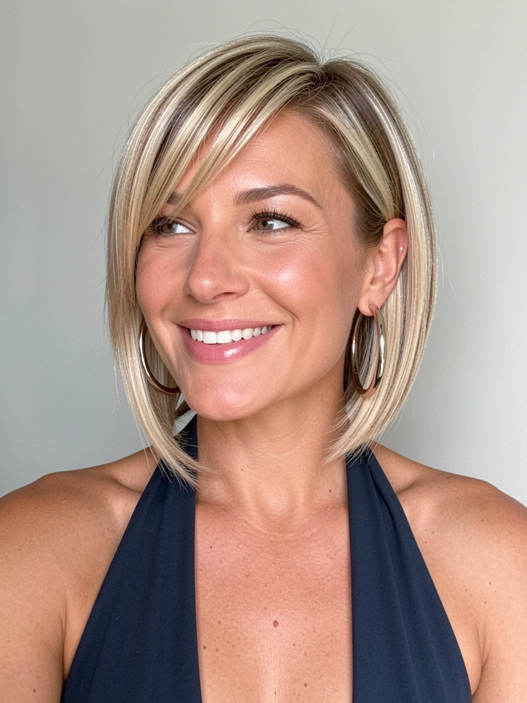 Mulher de cabelo loiro curto em camadas, brincos grandes e sorriso genuíno, luz natural suave e fundo cinza claro.