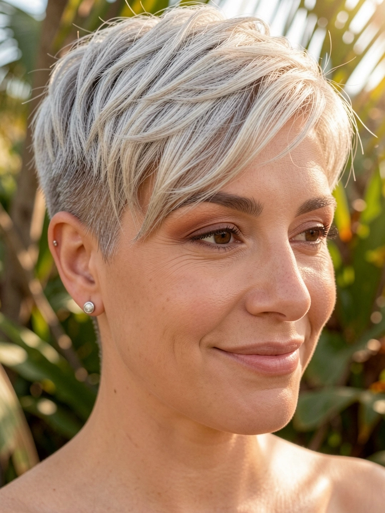 Mulher com cabelo curto texturizado, prateado e loiro, em undercut com onda assimétrica, brincos de prata redondos, luz difusa realçando textura capilar e sorriso genuíno.