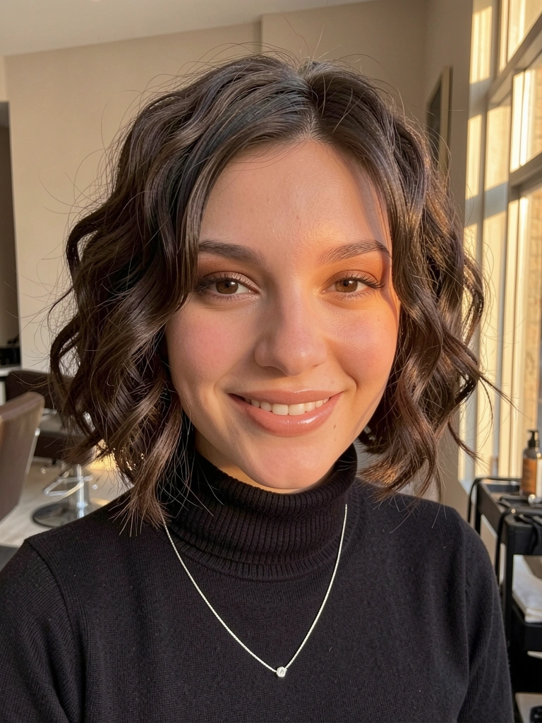 Jovem com cabelo curto cacheado em bob, suéter preto e colar de prata, fundo de salão com luz solar suave.