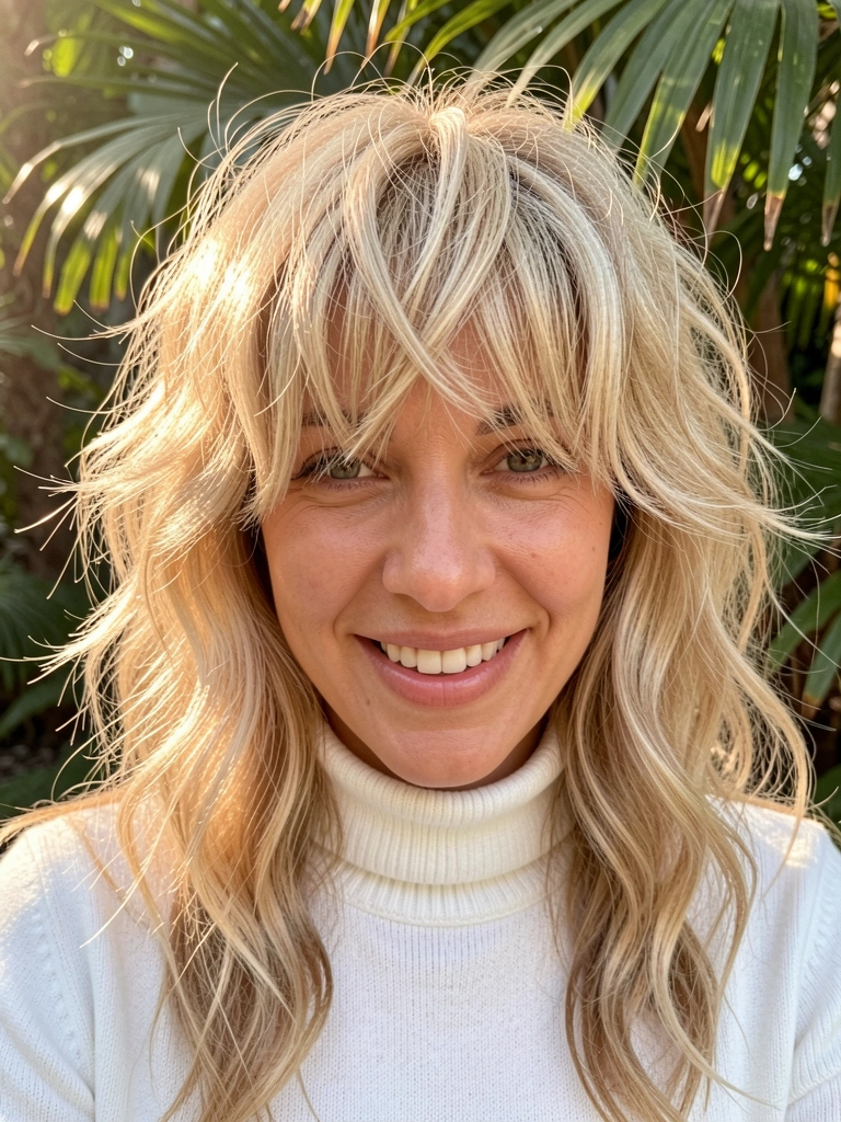 Mulher com cabelo loiro cacheado e franja desfiada, sorrindo, usando gola alta branca, luz natural com folhagem ao fundo desfocada.