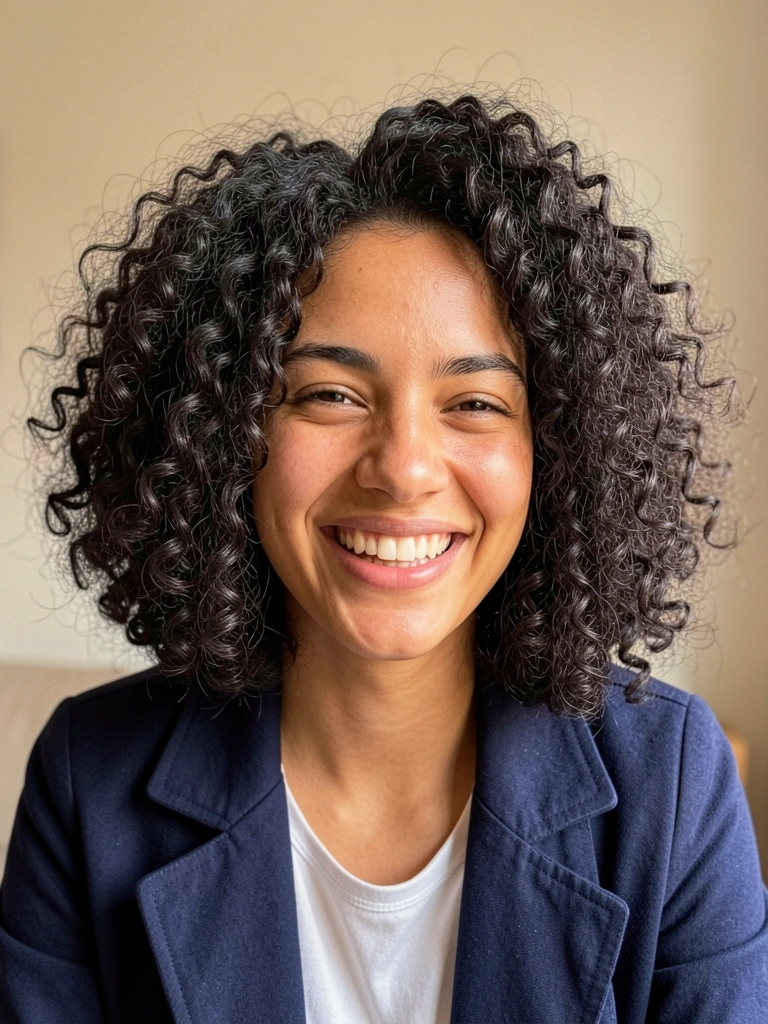 Mulher com cabelo cacheado curto e volumoso, casaco azul-marinho e branco, sorriso genuíno em luz natural difusa, fundo neutro desfocado.