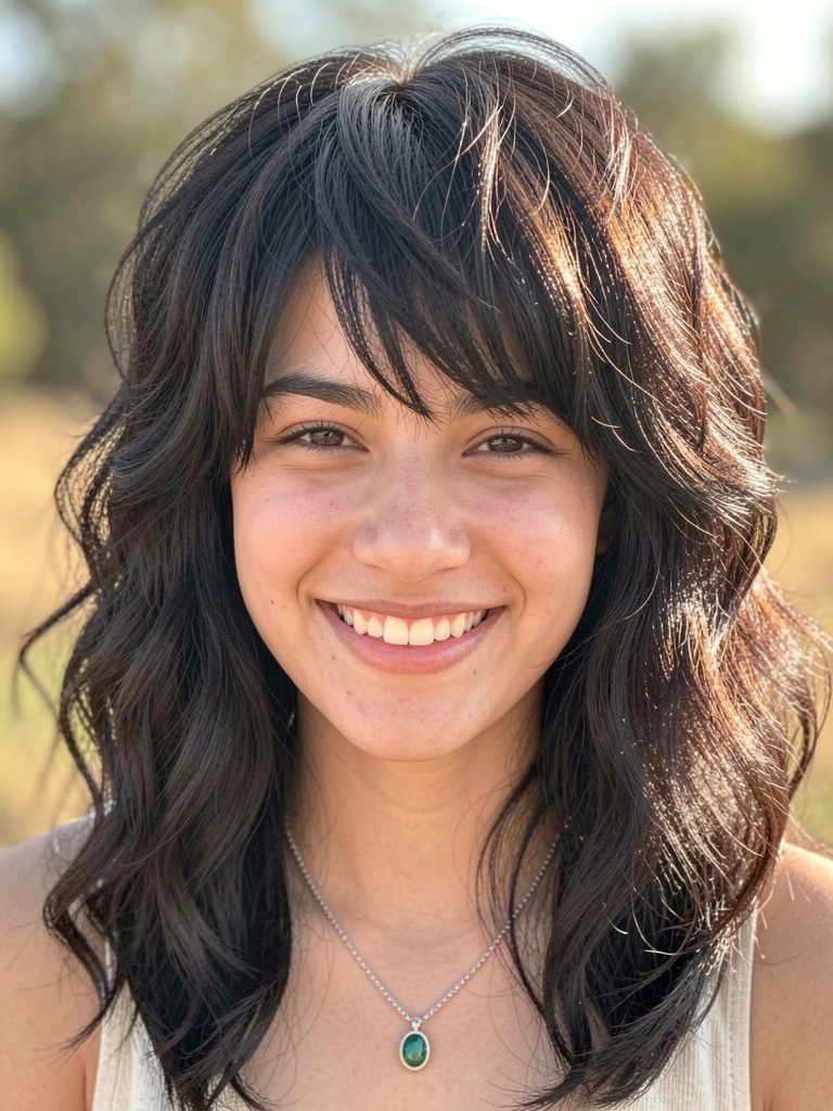 Mulher com cabelo curto volumoso e franja longa, sorriso genuíno, luz natural suave, colar verde e prata em fundo desfocado.