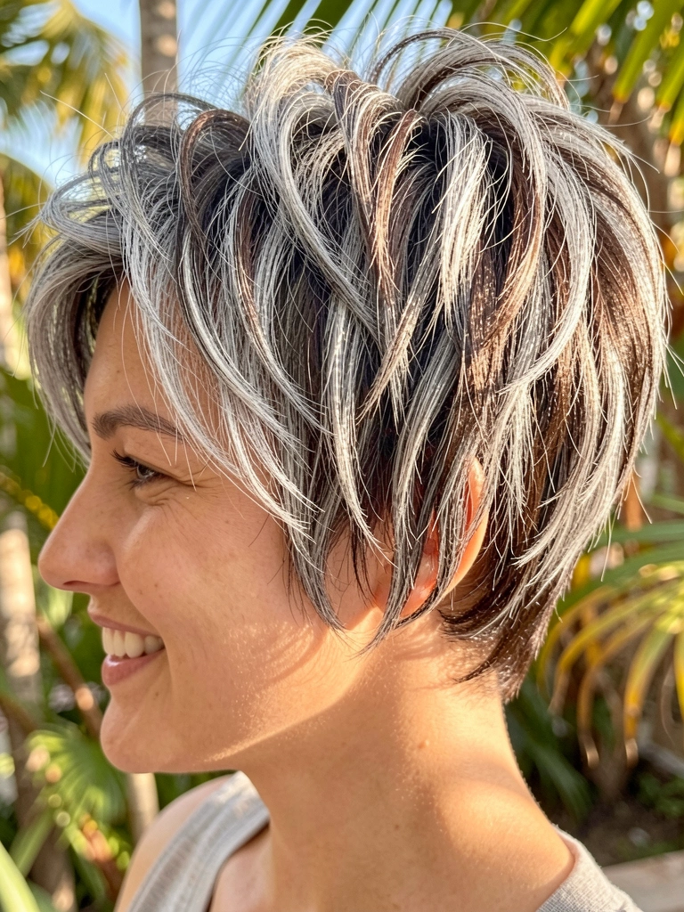 Mulher com cabelo curto volumoso, mechas grisalhas e marrom-escuras, luz natural filtrada por folhas ao fundo.