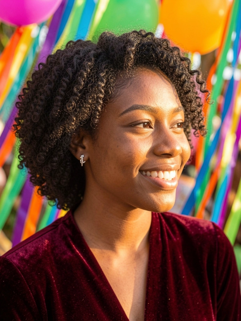 Jovem negra de cabelo crespo curto, blusa vinho e brincos de prata, sorrindo em festa colorida com serpentinas e balões, luz solar difusa.