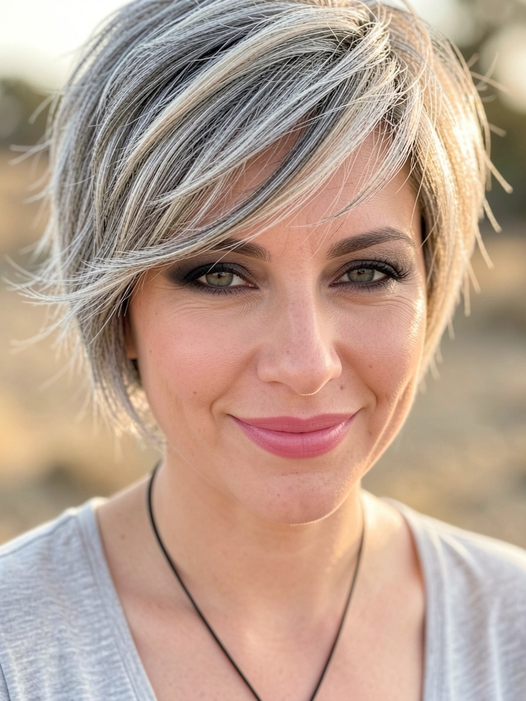 Close-up de mulher com cabelo curto texturizado grisalho e loiro, maquiagem suave, sorriso espontâneo, luz natural difusa e fundo desfocado.