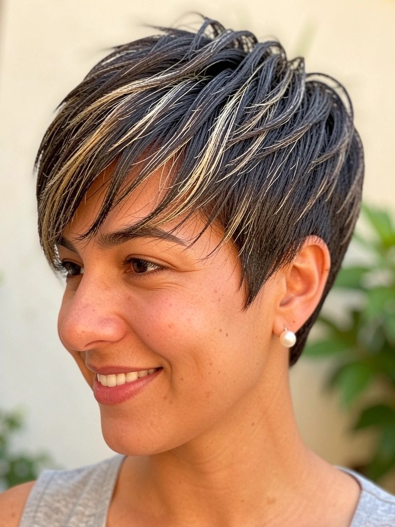 Corte pixie curto com textura e reflexos loiros, brincos de pérola, sorriso genuíno em luz natural suave e fundo desfocado com verde.
