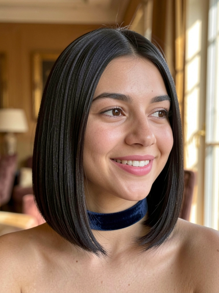 Jovem com cabelo preto em corte bob, batom rosa natural e gargantilha de veludo, luz natural difusa e fundo desfocado.